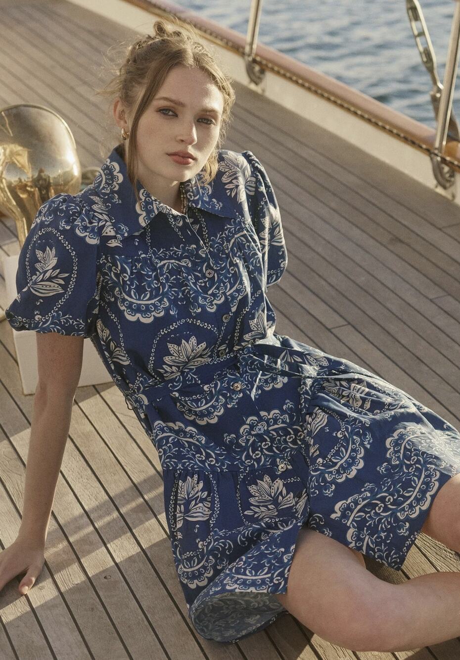 Current Air Floral Pattern Linen Short-sleeve Shirt Dress
